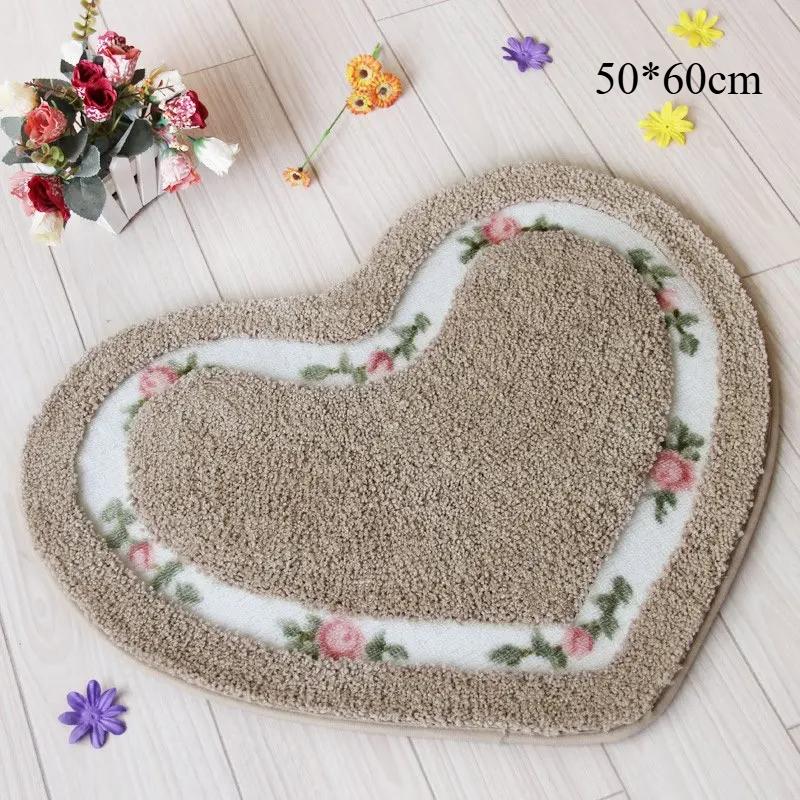 Heart Shape Nonslip Bath Mat Embroidered Toilet Rug Kit Water Absorption Door Mat for Bathroom Toilet Bedroom Floor Mat