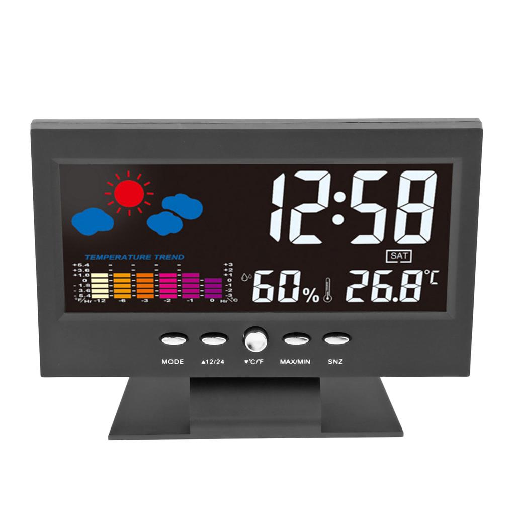 Electronic Alarm Clock Black Colorful Display Humidity Temperature Detect Sound Activated Alarm