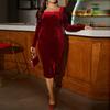 Robe de soirée midi élégante pour femme grande taille, couleur rouge vin, manches longues, taille haute