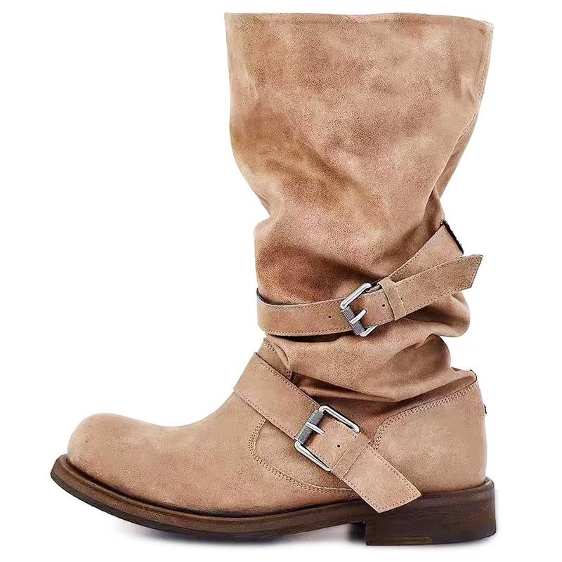 [Zhang Yuanying] Belt buckle stack boots thick heel retro mid-wind boots boots niche tooling boots