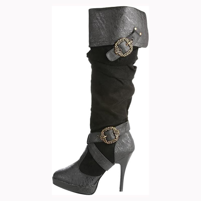 Женские сапоги в британском стиле до колена зрелые ботфорты на шпильке европейско-американские в стиле ретро средневековые эпохи Ренессанса 35 чёрный 6340₽
