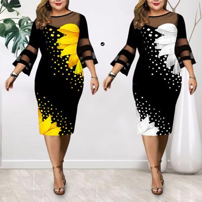 Dámské šaty Digitální potisk Síťovina Patchwork Elegantní Rozšířené rukávy Střední délka Bodycon šaty