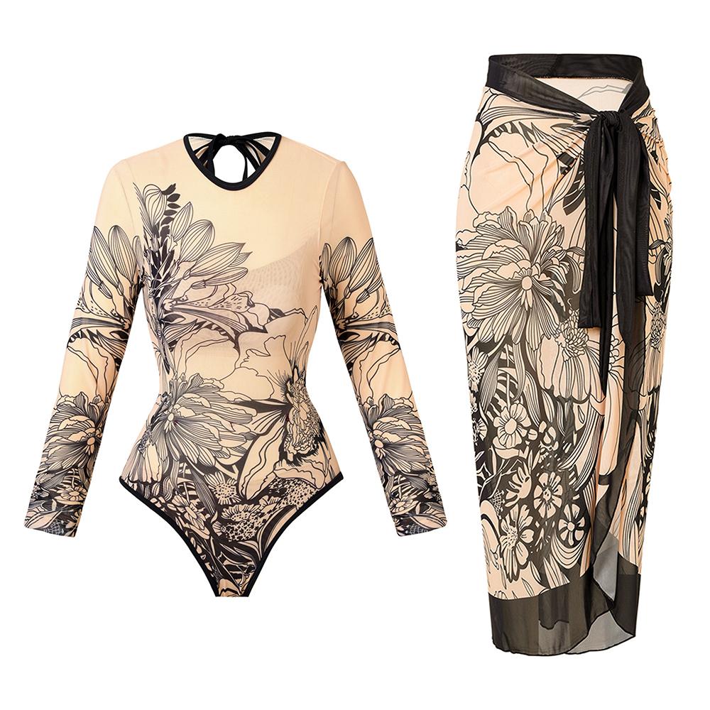 2025 Long Sleeve Sheer Sun Protection One-Piece Set Swimsuit Women Sexy Rash Guard Swimwear Bodysuit Beachwear With Coverup