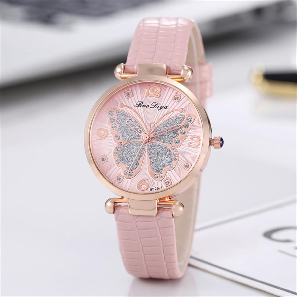 Women Butterfly Rhinestone Dial Quartz Watche Ladies Wristwatche Simple Leather Clock