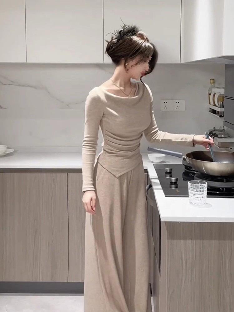 2025 Autumn Elegant One-Shoulder Top & Wide-Leg Pants Set