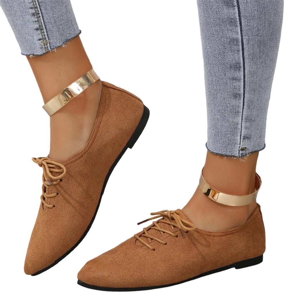 Women's Fashion Pointed Toe Lace-up Casual Flat Shoes for Plus Size