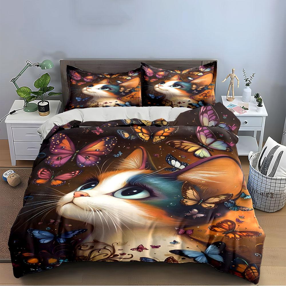 Colorful Cat and Butterflies Print Bedding Duvet Cover Set Duvet Cover Pillowcases (1 * Duvet Cover 2 * Pillowcases, without duvet insert)