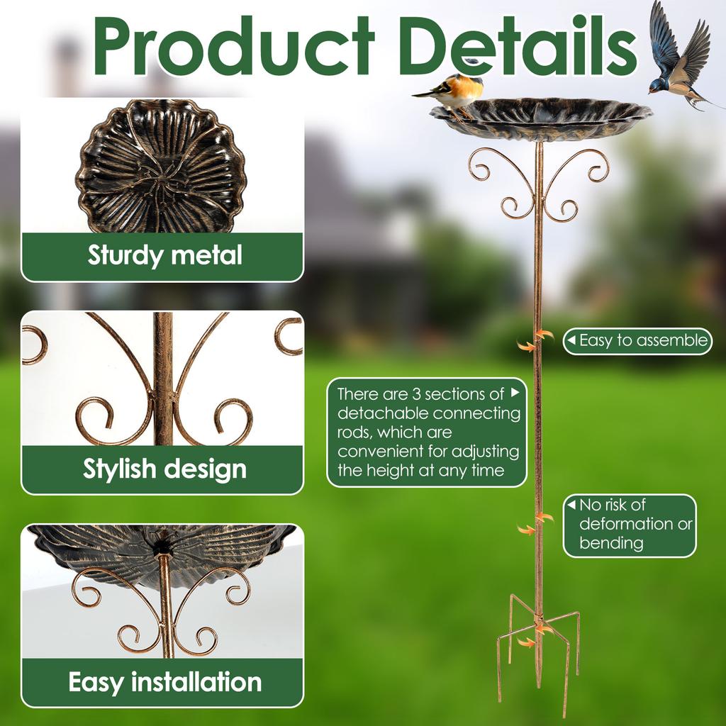 Metal Bird Bath Feeder Bowl Iron Garden Outside Freestanding Vintage Sturdy Outdoors Garden Patio Yard Lawn Stake Decoration