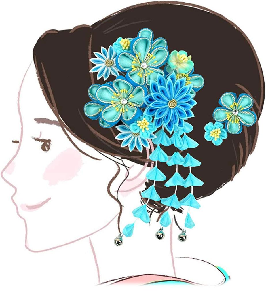 Hair Ornament Set Furisode Ceremony Tsumami Work Blue [Kyoto Usagido] 2-piece Coming-of-age Kk-009