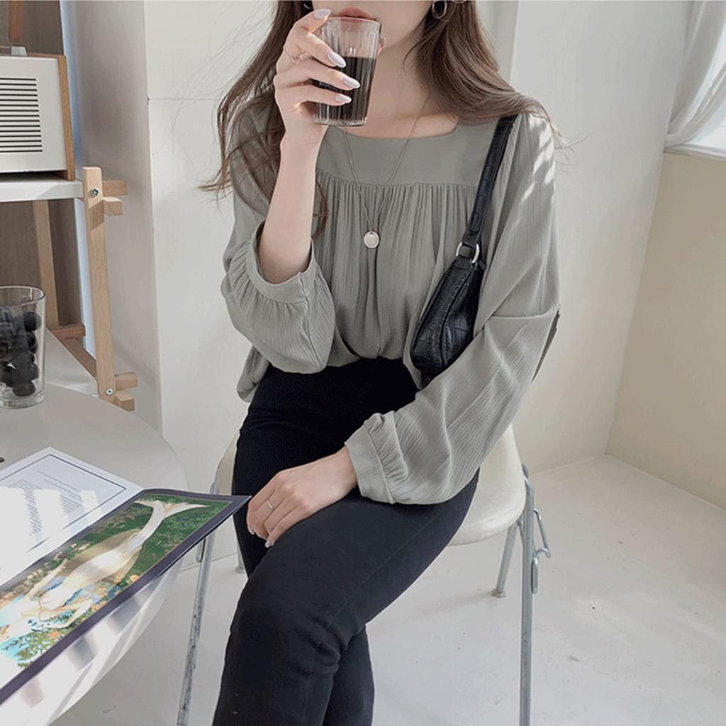 [SYitong] Flowy Chiffon Long-Sleeve Shirt Top for Women, Lightweight, Korean Style, Cute, Spring/Autumn, Square Neck, Office, Commuting, School, Casua