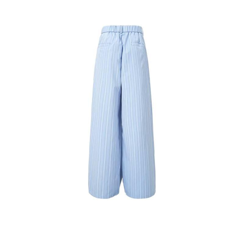 Mens Light Blue Striped Pleated Wide Leg Trousers Thin Loose Casual Pants Work Daily