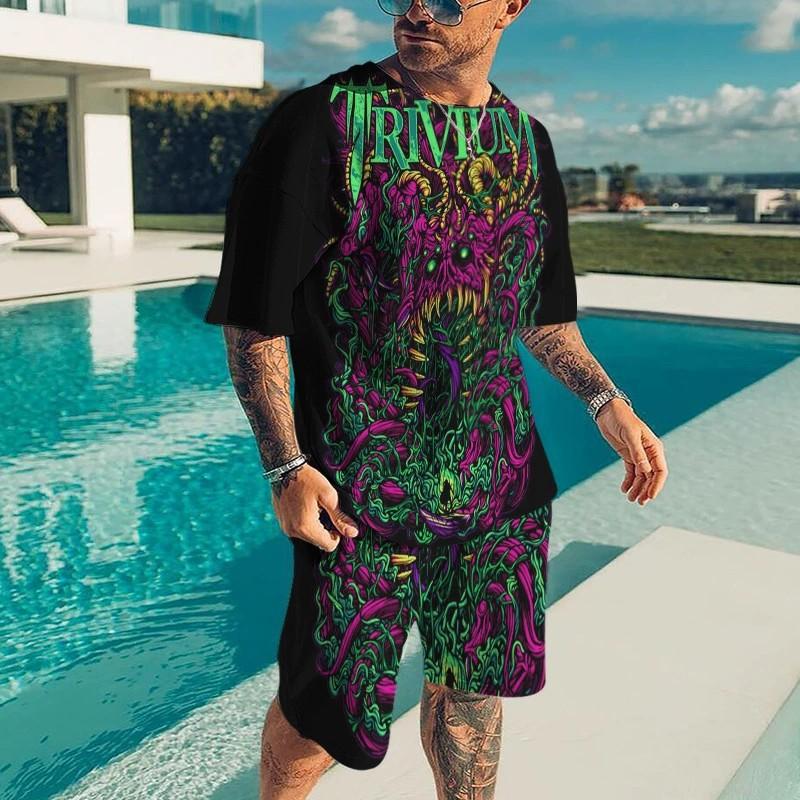 Creative Personalized Skeleton 3D Printed Men's Two-Piece Set Summer Fashionable Soft Comfortable Breathable Large Loose Casual Style Sports Wear