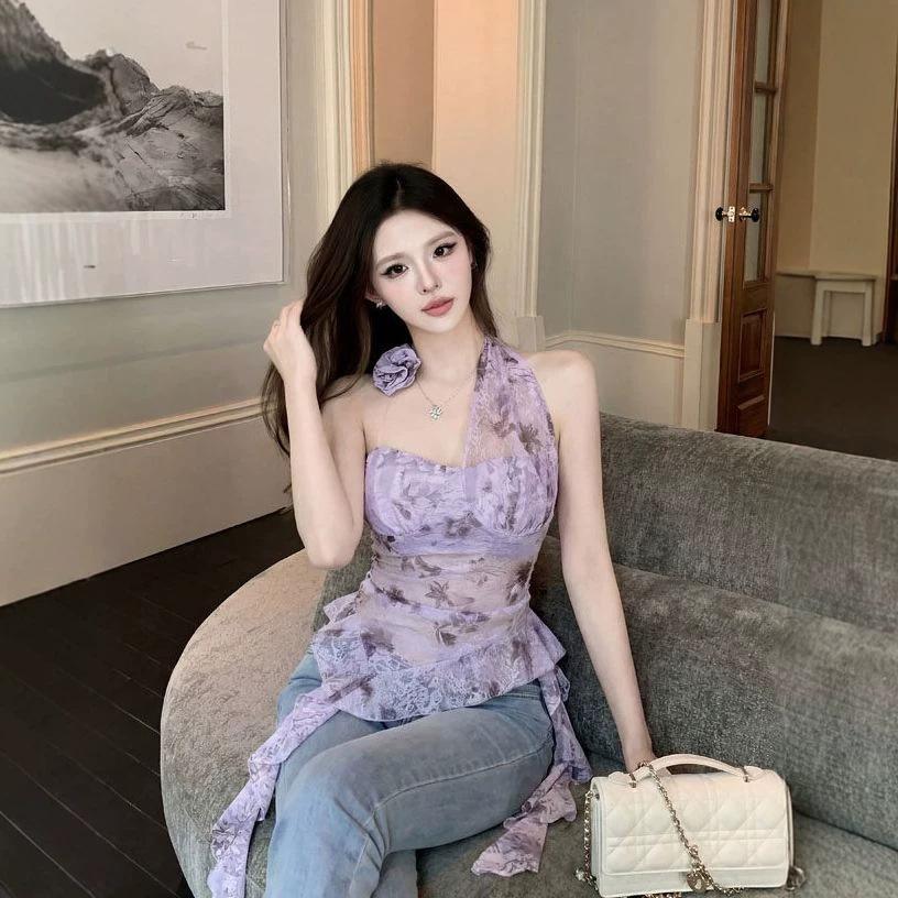 Irregular Three-dimensional Flower Halter Neck Vest Women's Summer Sleeveless Outer Wear Spice Girl Sexy Slim Purple Top