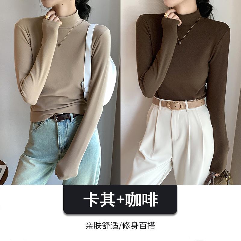 Combination Semi-turtleneck Double-sided German Velvet Bottoming Shirt for Women's Autumn and Winter with Solid-color Warm Long-sleeved Top