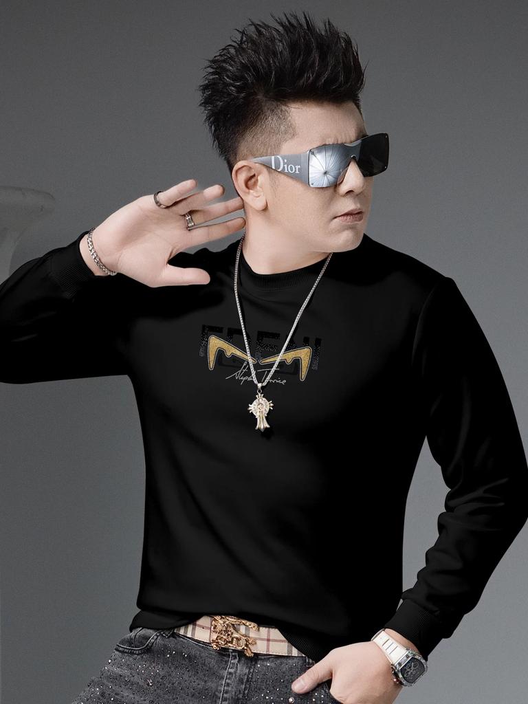 European Goods 2025 Autumn New Trendy Brand Letters Hot Drilling round Neck Hoodie Men's Trendy Bottoming Shirt Long sleeve Top Men