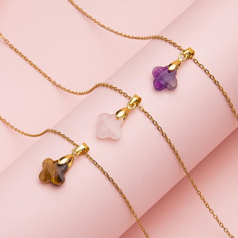 1pc Natural Stone Faceted Four-leaf Clover Pendant Charm Necklaces for Women Jewelry Gift