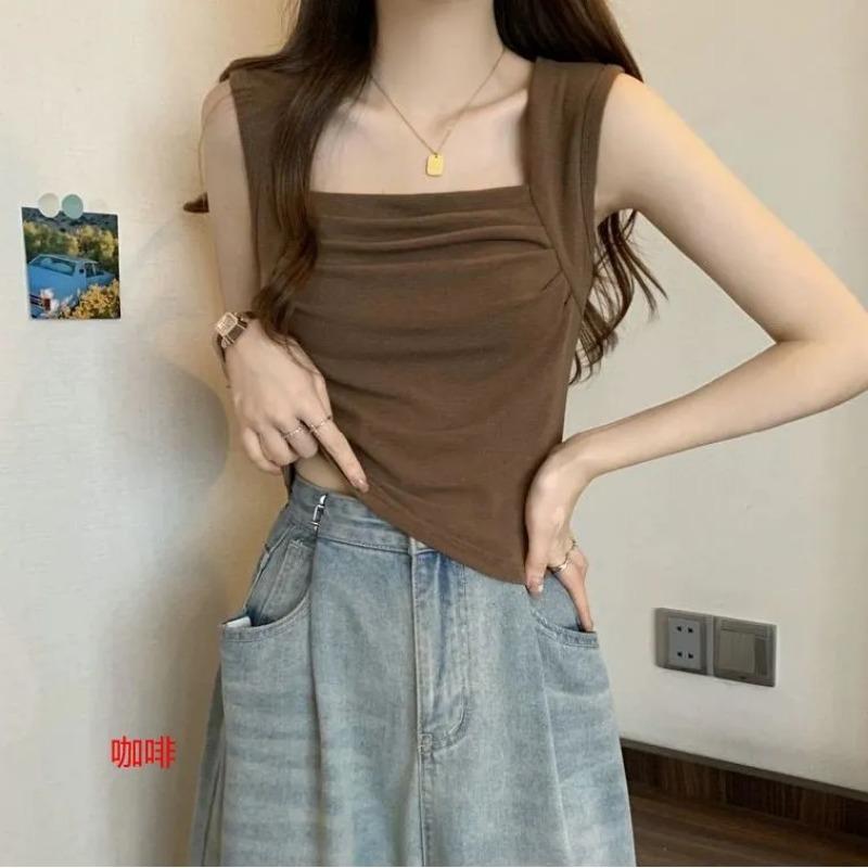 

Summer Pleated Square Collar New Camisole Women s Slim-fitting Inner Wear and Outer Wear Design Bottoming XL коричневий
