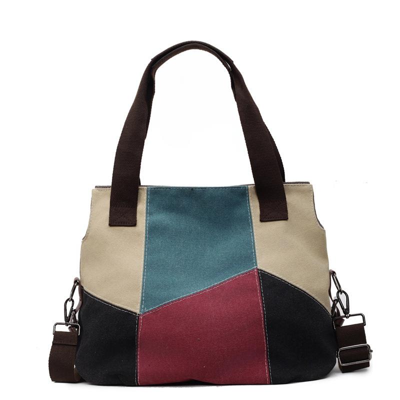Simple and Fashionable Women's Bags Contrasting Color Canvas Bags Women's Large-capacity Retro Contrasting Color Splicing Cloth Bags New Shoulde