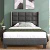 Modern design upholstered bed with padded headboard, single bed with slatted frame, 90x200cm, in grey linen, medium-firm (without mattress)