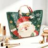 Christmas Santa Claus Print Tote Bag, Green Snowflake Star Pattern Handbag Shopping Shoulder Bag