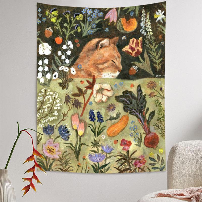 Floral Oasis with Sleeping Cat Tapestry - Aesthetic Wall Decor for Tranquil Spaces Healing Style Wall Decoration Home Decor