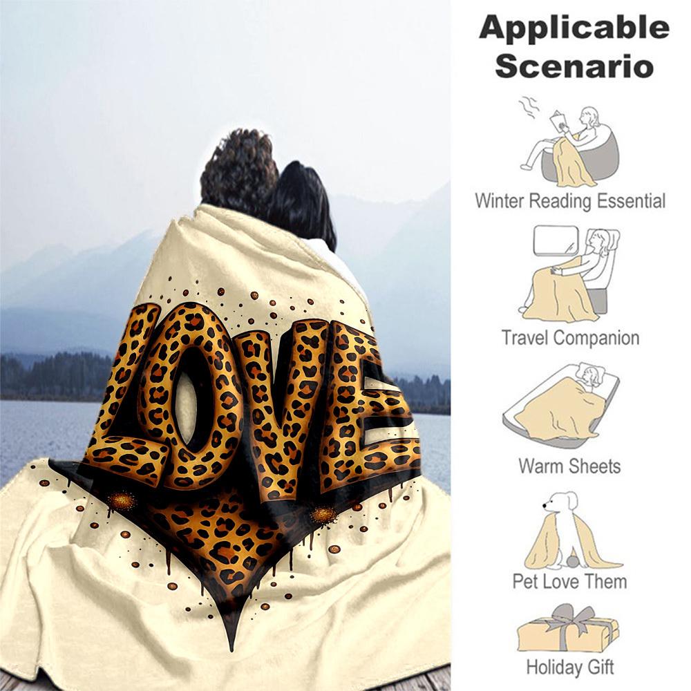 1pc love leopard print Outdoor Flannel Blanket Soft Warm All-Season Throw for Sofa Bed Car Camping Office, Cozy Gift Idea1183S
