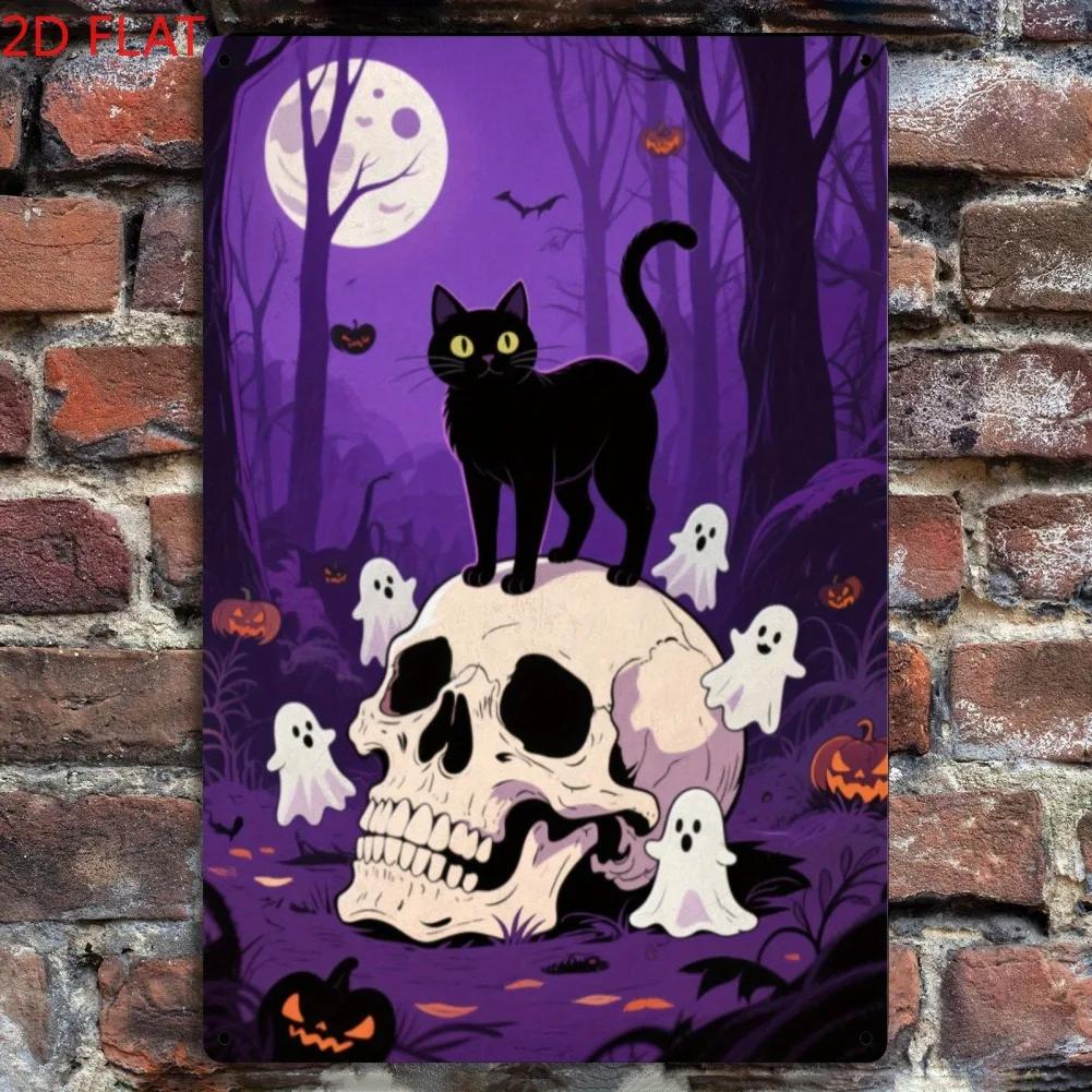 1pc 2D Flat Vintage Halloween Metal Sign - Black Cat on Iron Decor, Perfect for Bar/Restaurant Holiday Gifts