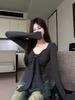 Women's Red Lace-up Bow Long-sleeve Square Neck Slim-fit Top for Autumn/Winter