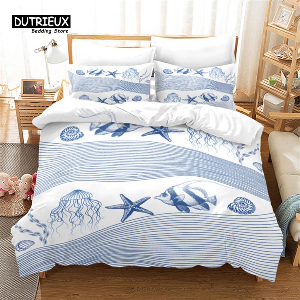 Seashell Starfish Duvet Cover Beach Theme Bedding Set Microfiber 3D Waves Comforter Cover For Kids Teens Girls Boys Room Decor