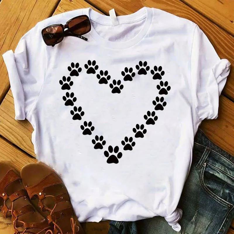 Women T Graphic Flower Never Walk Alone Dog Paw Fashion Printed Top Tshirt Female Tee Shirt Ladies Clothes Tshirt
