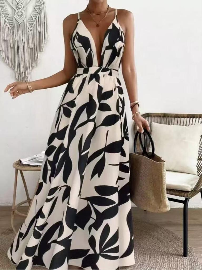 Cross-border Europe, America, Amazon 2026 summer new ethnic style fashion sexy slim print suspender dress