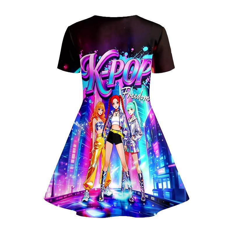 Black Neon Cartoon Printed Girls' Short Sleeved Casual Dress Summer Set Soft and Breathable Suitable for Birthday Gifts