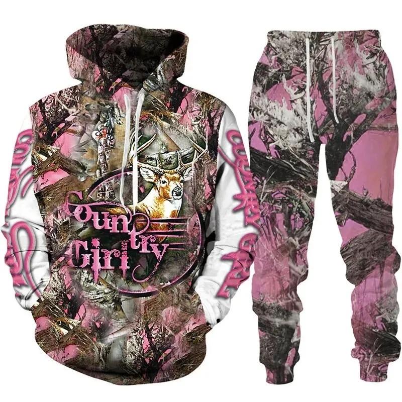 Man Woman Casual Hoodie+pants 2PCS Country Girl Deer Hunting 3D Print Tracksuit Set Set Fashion Camo Streetwear Pullover Clothes