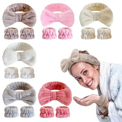 Face Washing Headbands for Women Wristband Set Cute Bow Spa Head Wraps Skincare Makeup Hairbands Soft Coral Fleece Bathroom Headwear Hair Accessories