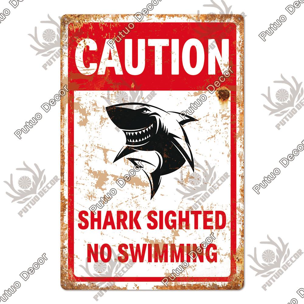 Putuo Decor Shark Sign Metal Signs Vintage Tin Sign Funny Warning Movie Poster for Bar Pub Kitchen Club Man Cave Wall Decoration