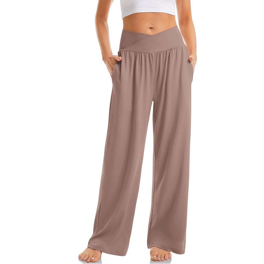Women's High Waist Solid Color Casual Trousers Wide Leg Sports Pants With Pockets