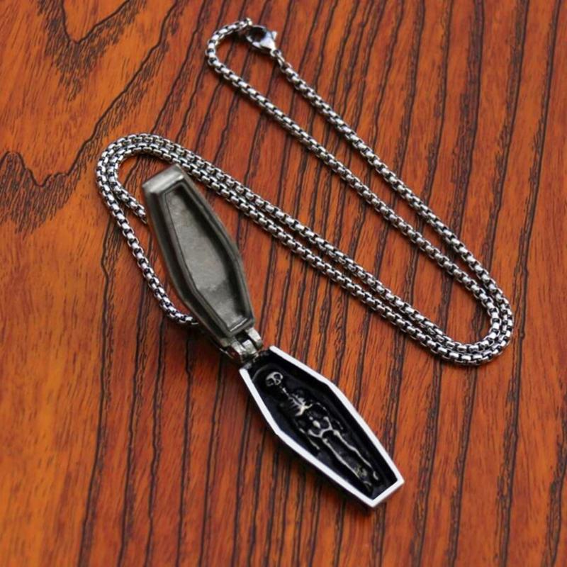 Gothic for Cross Necklace Stainless Steel for Vampire Coffin Pendant Women Men Skull Necklaces Skeleton Jewelry Hallowee