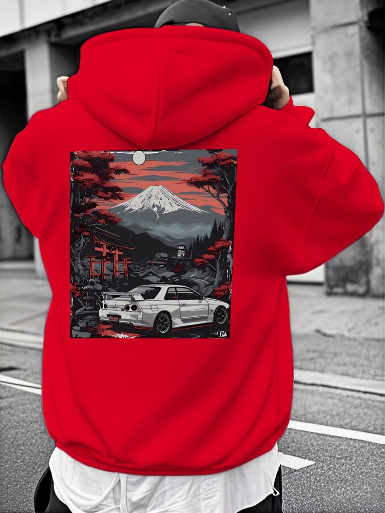 Herren Winter Freizeit Kapuzensweatshirt - Lebendiger roter Grafikdruck mit Berg- und Autodesign, Normale Passform, Maschinenwaschbar