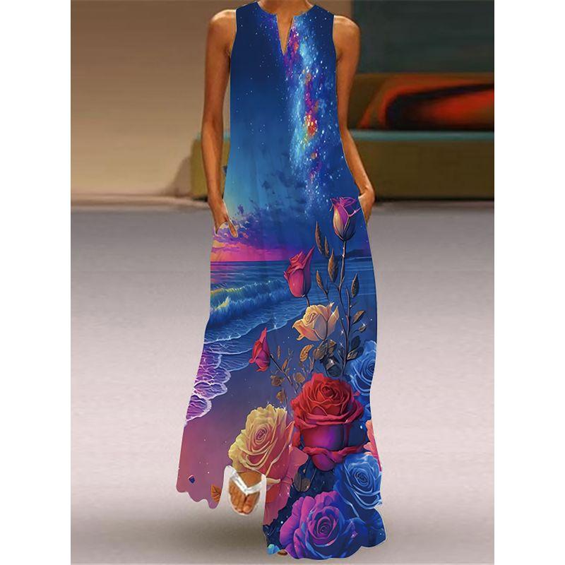V Neck Sleeveless Dress 3D Print Fashion Elegant Pocket Dress Stage Show Travel Photography Beach Dress
