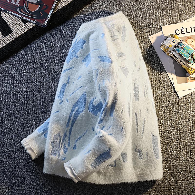 Round Neck Knit Sweater Long-sleeved Print Pullover Contrast Color Casual Fashion Top