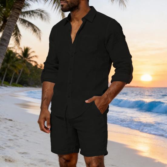 2 st/set Damtoppar och Shorts Set Lapel Långärmad Enkelknäppt Skjorttoppar Elastiska Mellanhöga Shorts Set Casual Tvådelat Set Strandkläder