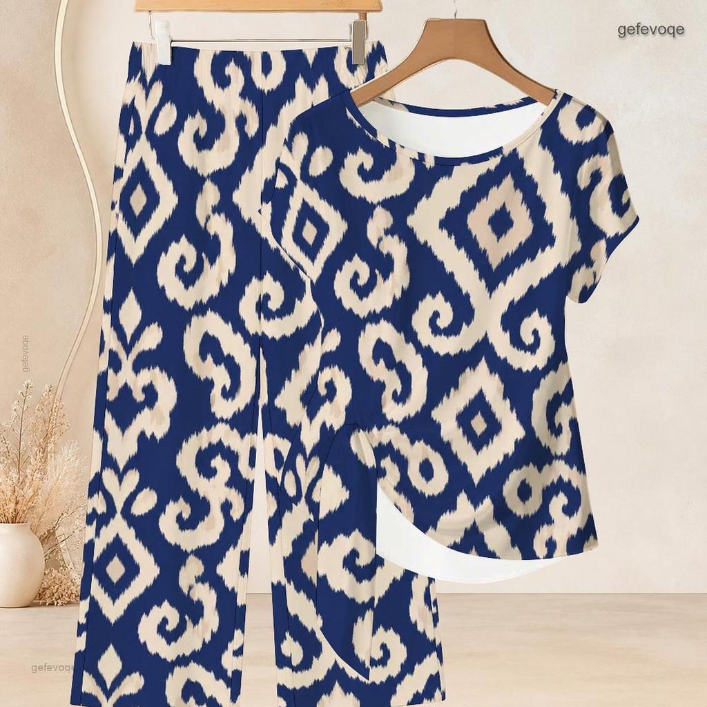 Women Plus Size Round Neck Short Sleeve Knot Hem Red White Striped Printed Two Piece Pants Set