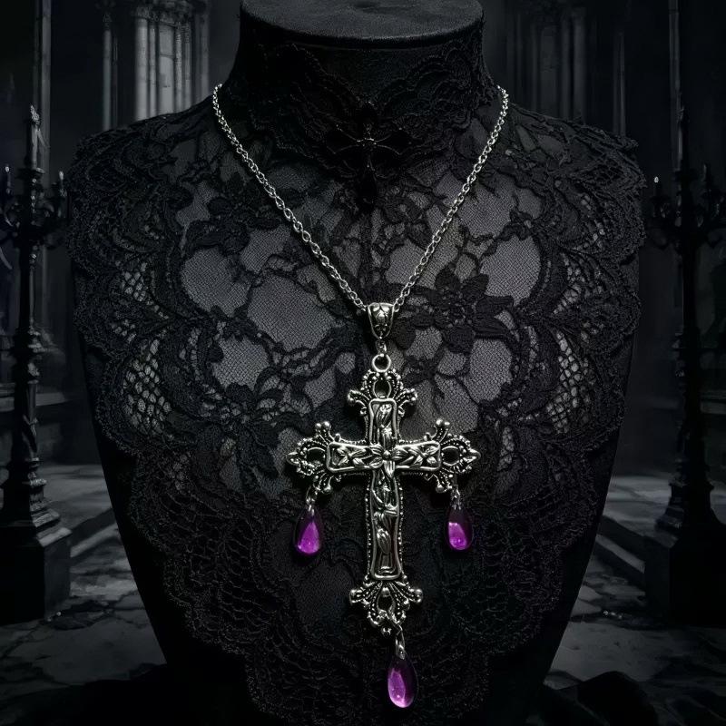 Gothic Y2K Spicy Girl Dark Cross Thorn Necklace - Harajuku Hip Hop Retro Streetwear Sweater Chain