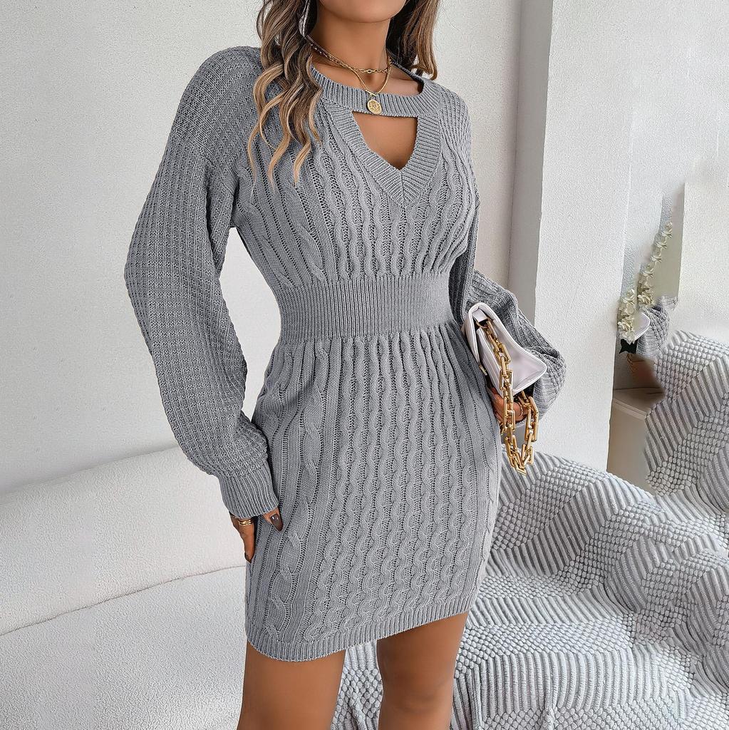 Autumn Winter Sexy Cross V Neck Batswing Sleeve Solid Color Wrap Hip Woolen Dress
