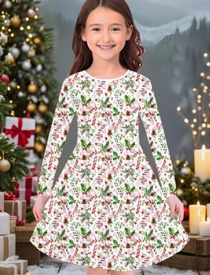 Girls' Autumn and Winter Fashion Dress, 3D Christmas Print Round Neck Long Children's T-shirt Dress, Casual Versatile, Christmas Clothing