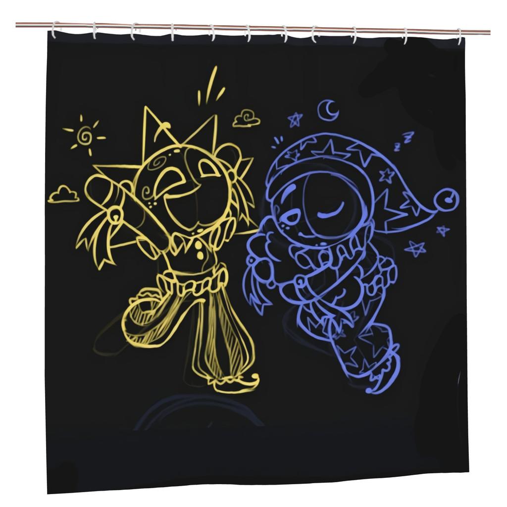 Sun And Moon Characters Shower Curtain With Hooks, Removable Bathroom Curtain, Birthday Gift, Polyester, Bathtub Partition, Bath