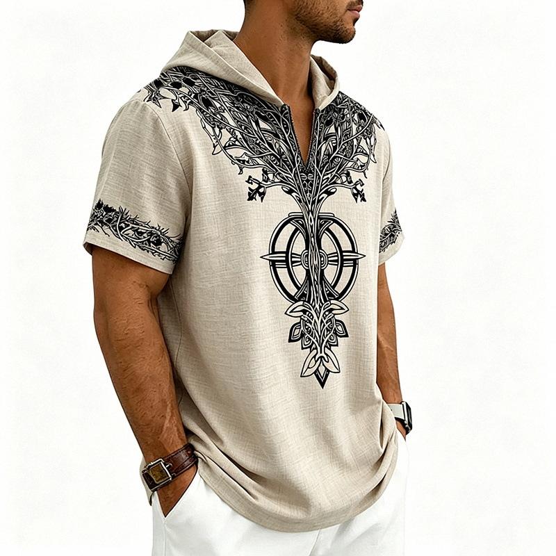 Men Loose Hooded Faith Rune Print Short Sleeve Casual T Shirt