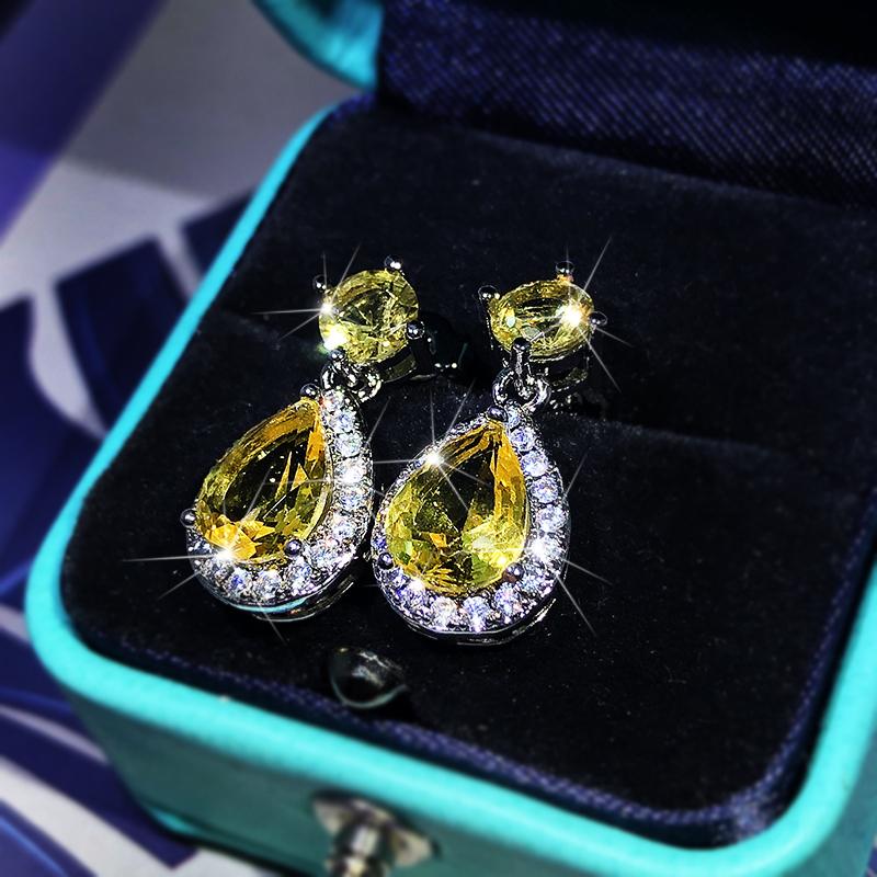 Elegant Temperament Yellow Zircon Drop Earrings  Sterling Silver Four-Claw Diamond Earrings Ladies Party Birthday Jewelry