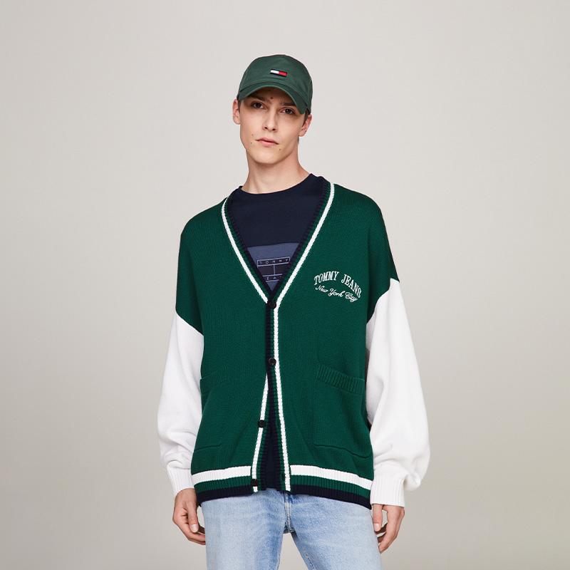 Tommy Hilfiger Cotton College Style Retro Color Block Embroidered Loose V-Neck Knit Sweater Unisex sweater Green White DM0DM18366