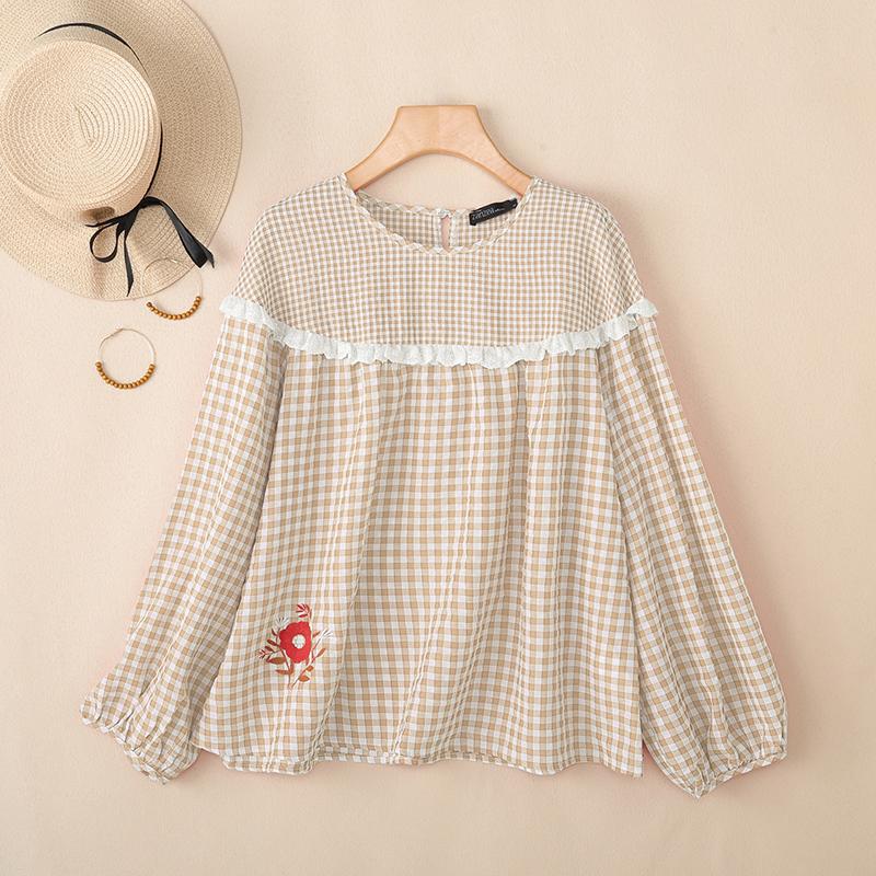 ZANZEA Women Casual Round Neck Long Sleeve Plaid Print Blouse
